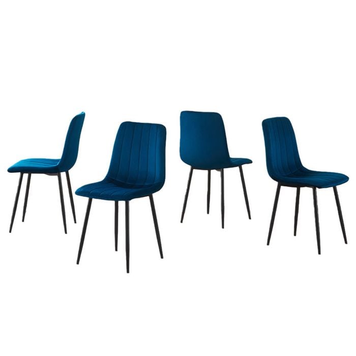 BRIBRION x4 Dining Chairs with Black Metal Legs Upholstered Velvet Seats Channel Back Modern Kitchen Blue