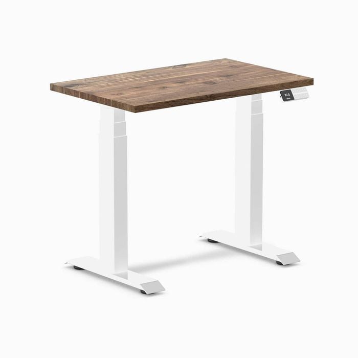 Desky Dual Mini Natural Walnut Hardwood Sit to Stand Desk 800x500mm White Frame