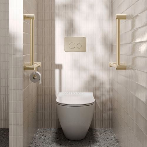 The Mecca Care DDA Brushed Gold Grab Rail combines safety and elegance. Supporting up to 150kg, it offers a sturdy, reliable grip while adding a touch of luxury to any accessible bathroom