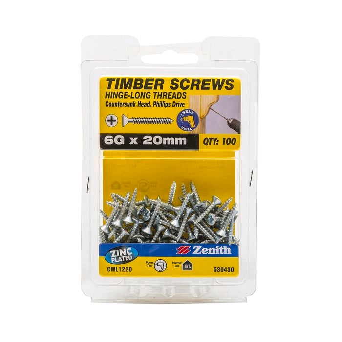 Zenith 6G x 20mm Zinc Plated Hinge-Long Threads Timber Screws - 100 Pack