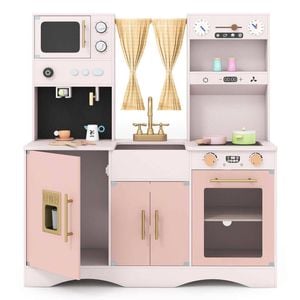 Costway Kids Kitchen Playset Wooden Cooking Pretend Toy Pink