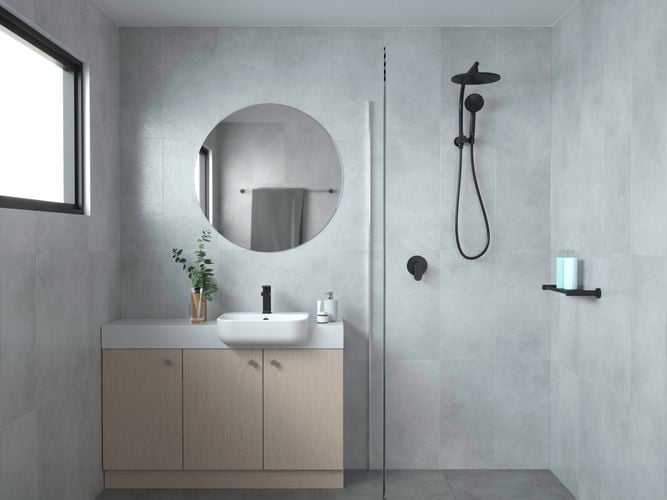Matte black flexispray shower head with light up mirror