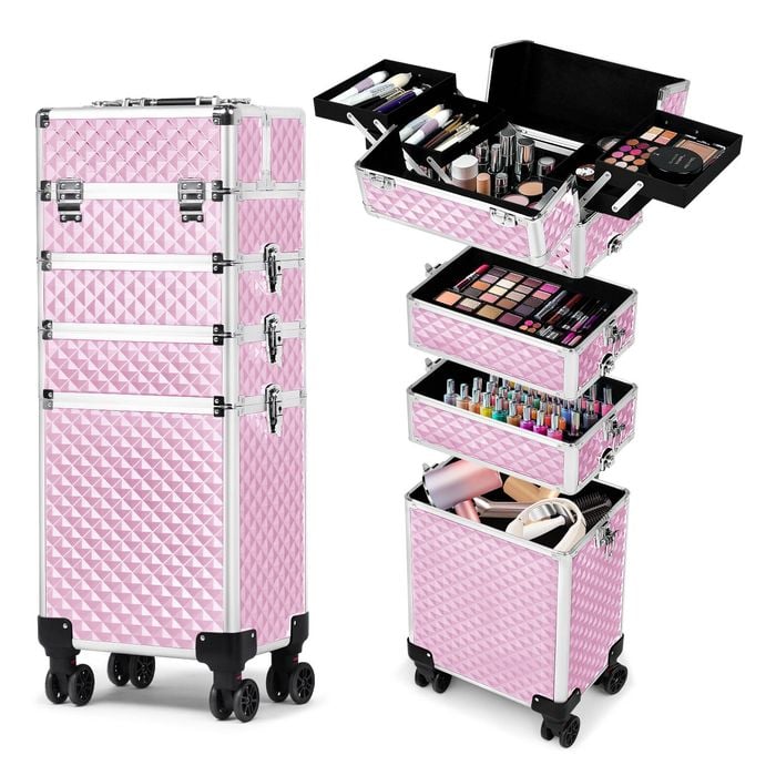 Advwin Makeup Trollery Case 4 in 1 Rolling Cosmetic Trollery Aluminum Cosmetic Case Pink
