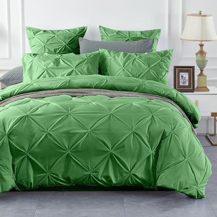 CottonMore 100% Cotton Green Diamond Pinch Pleated Pintuck Doona Quilt Cover Set - Double