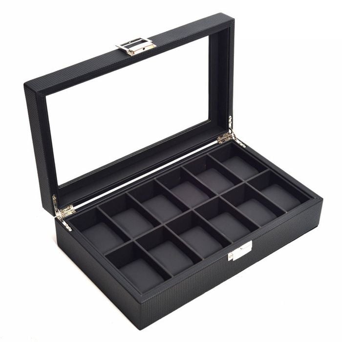 Catzon Watch Box With Glass Window Weaving Texture Watch Jewelry Organizer-12slot