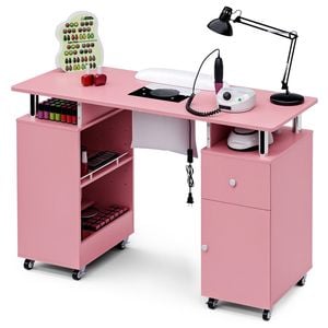 Ufurniture Nail Desk, Manicure Table w/Dust Collector Wrist Rest Lockable Wheels Adjustable Shelf Pink