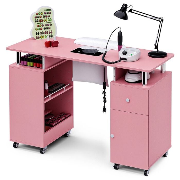 Ufurniture Nail Desk, Manicure Table w/Dust Collector Wrist Rest Lockable Wheels Adjustable Shelf Pink