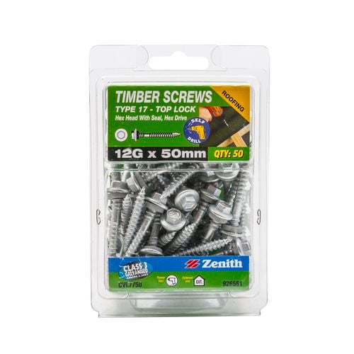 Zenith 12g X 50mm Galvanised Hex Head With Seal Timber Screws 50 Pack Bunnings Australia 3267