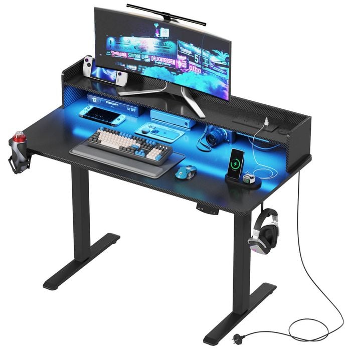 Advwin LED RGB Light Electric Standing Desk with Power Outlets & Monitor Stand 120cm Black Desktop+Black Frame