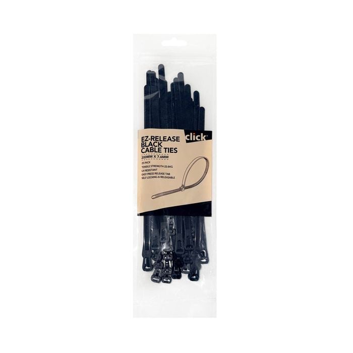 Click 200mm Black EZ-Release Releasable Cable Tie - 25 Pack
