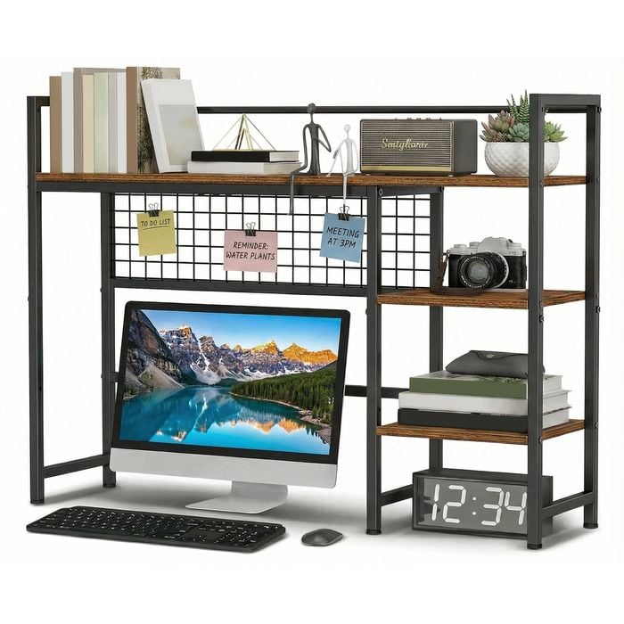 Ufurniture Desk Bookshelf with Storage 4-Tier Display Rack with Wire Grid & Hooks Freestanding Table Top Shelf Brown
