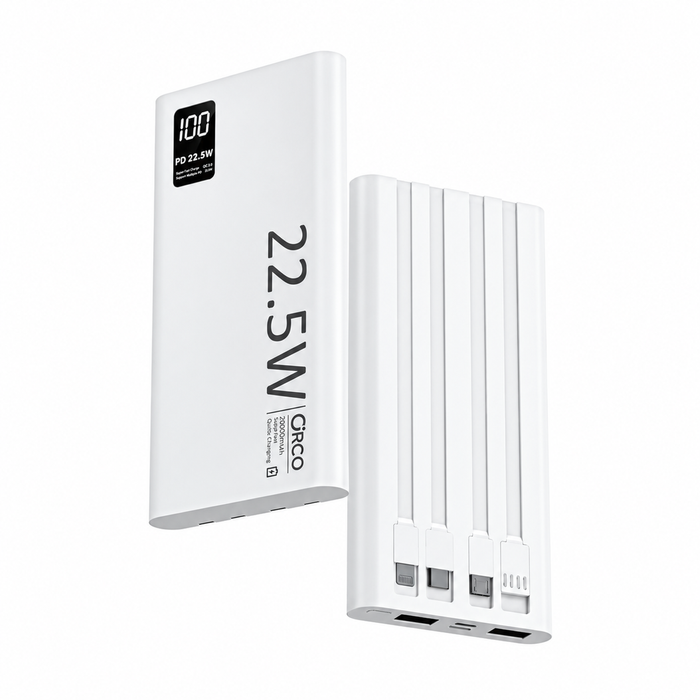 Veloreo 22.5W White Power Bank, 20000mAh Laptop Portable Charger, USB C, Smart Digital Display For Iphone 16, Macbook, Androids