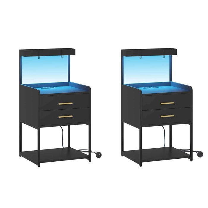 Ufurniture 2xside Table With Charging Station And Led Lights Bedside Table Black Nightstand 2 Drawers And Open Shelves