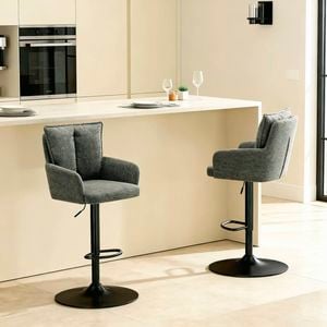 Homfurn Set Of 2 Adjustable Swivel Bar Stool, Modern Linen Fabric Bar Chair With Armrest, Ergonomic Counter Height Stool