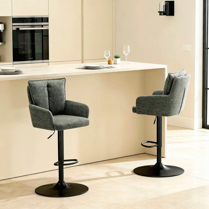 Homfurn Set Of 2 Adjustable Swivel Bar Stool, Modern Linen Fabric Bar Chair With Armrest, Ergonomic Counter Height Stool