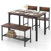 Costway 4pcs Dining Set Metal Frame Dining Table & Chairs Set Bench Seat Home Furniture Brown