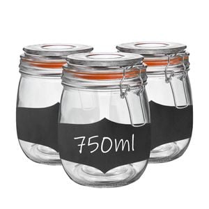 Argon Tableware 3x Glass Storage Jar & Labels Set - 750ml/26.4oz 4 Colour Seal Airtight Kitchen Storage Container Preserving Jar