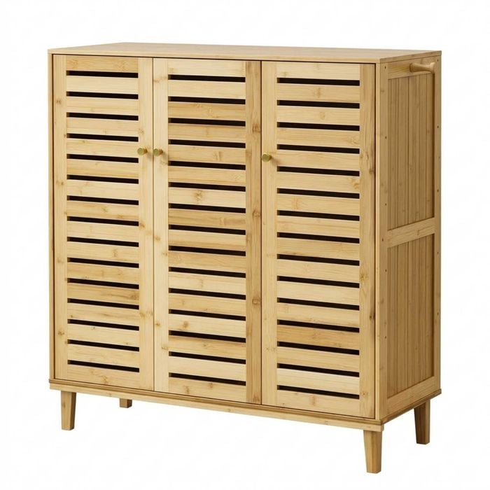 P&p Natural Wood Shoe Cabinet Bamboo Storage Organizer With Ventilated Doors Shelves