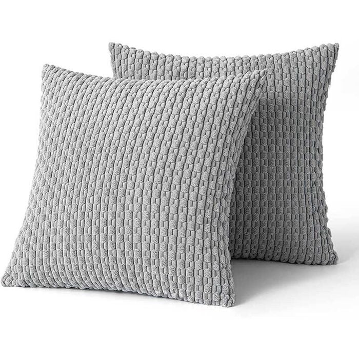 Catzon 2 Pcs Throw Pillow Covers Soft Striped Corduroy Cushion Case for Couch 45X45cm-Light Grey
