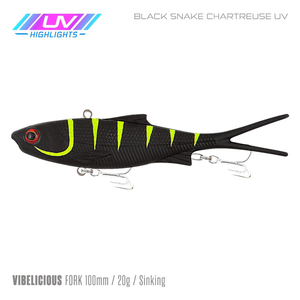 Samaki Vibelicious Fork Tail Vibe 100mm Soft Plastic Fishing Lure Black Snake Chartreuse UV