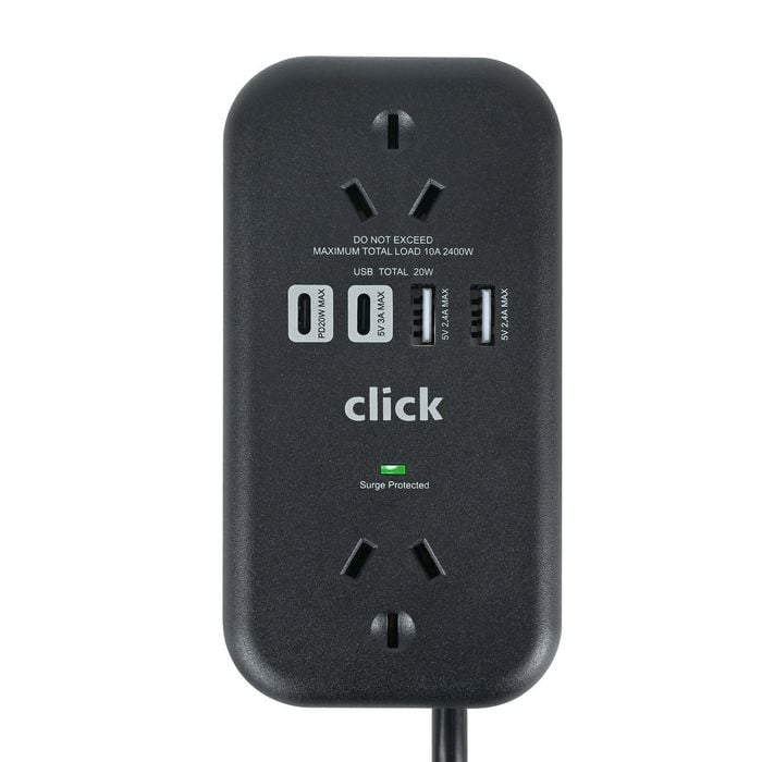 Click Fast Charging 2 Outlet Black Powerboard with USB A & C Outlets and Cord Storage