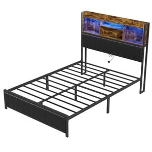 Ufurniture Queen Bed Frame Mattress Base with LED light and Charging Station Industrial Storage Headboard
