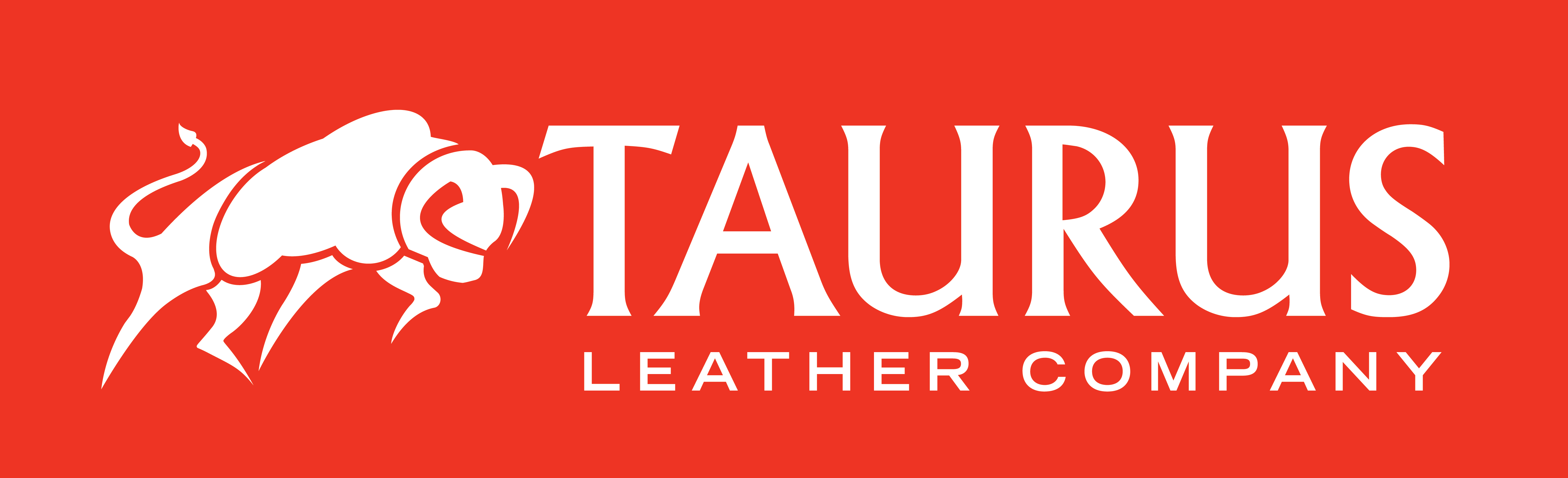 Taurus leather company written in white copy with a white bull image on a red background.