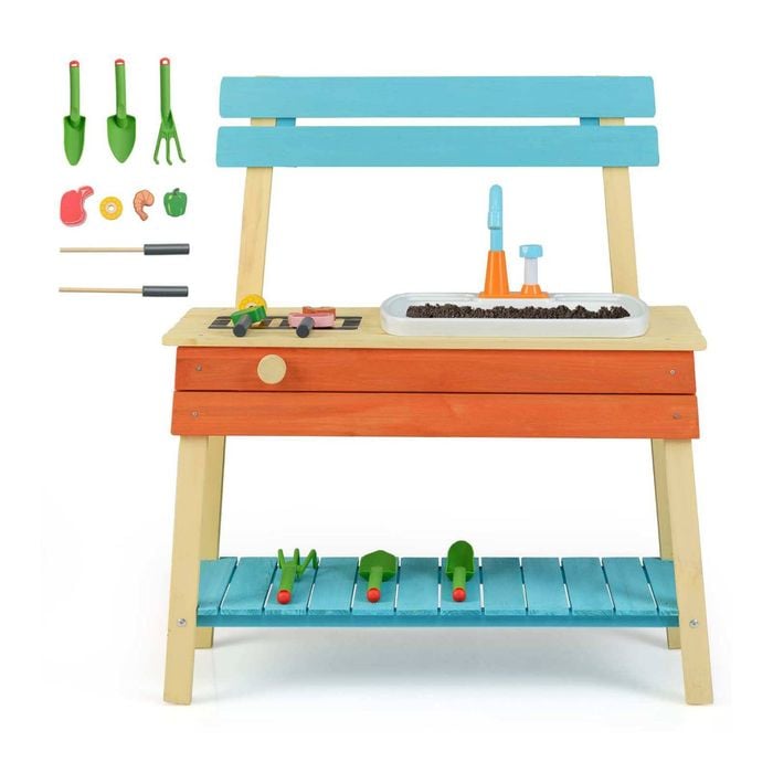Costway Outdoor Kids Play Kitchen Wooden Cooking Toy Set W/accessories