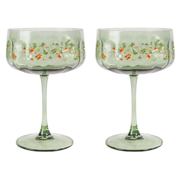 2pc Urban Enchanted Garden Floral Coupe Champagne Drinking Glasses 16cm Green