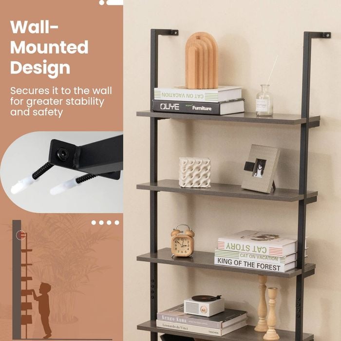 Costway 6-Tier Ladder Bookshelf Wall Mounted Display Shelf - Grey ...