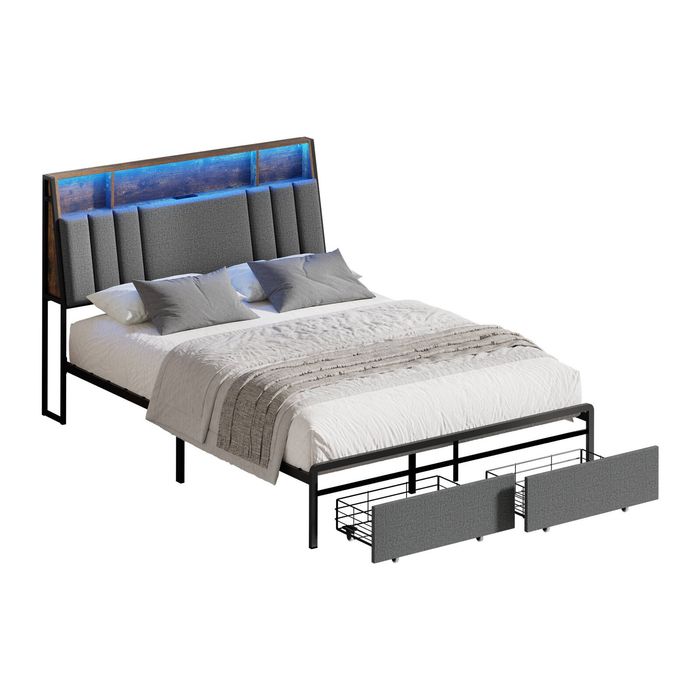 Oikiture Bed Frame Queen Size With Led Light USB Charging Storage Headboard & Drawer