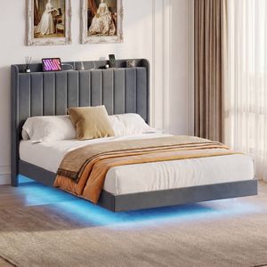 Advwin Floating Bed Frame with LED Lights and Charging Station, Velvet Upholstered Storage Headboard, Double Size Grey
