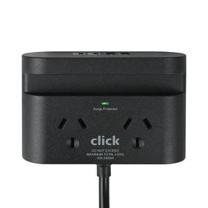 Click Fast Charging 2 Outlet Black Powerboard with USB A & C Ports and Phone holder