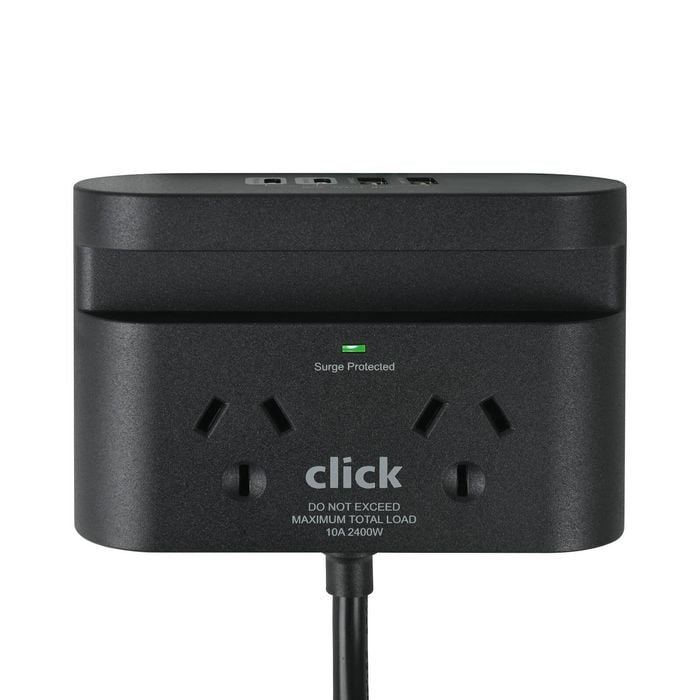 Click Fast Charging 2 Outlet Black Powerboard with USB A & C Ports and Phone holder