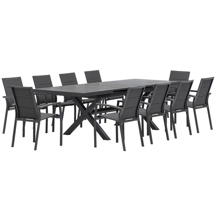 FurnitureOkay Marina-Mosman 11-Piece Sintered Stone Outdoor Extendable Dining Setting - Charcoal