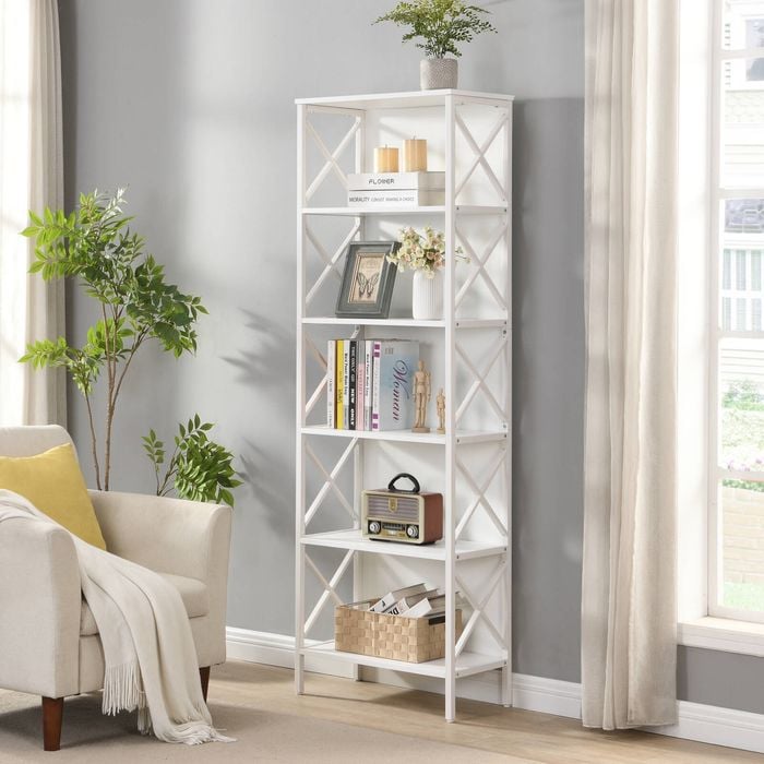 HOMFURN 6 Tier Tall Bookshelf, White