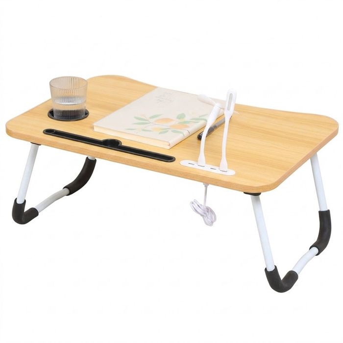Wood Laptop Stand Table Foldable Desk Computer Study Bed Adjustable Cup Slot Tray/linght and Fan