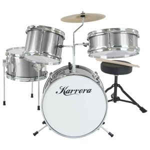 Karrera Mini 4-Piece Children Drum Kit Set Wooden with 2 Toms Bass Pedal Snare Stool Metallic Silver