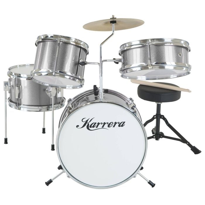 Karrera Mini 4-Piece Children Drum Kit Set Wooden with 2 Toms Bass Pedal Snare Stool Metallic Silver