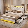 Ufurniture Upholstered Bed Frame Luxury Crystal Button Tufted Headboard with LED Lights and Storage Drawer Double Bed Beige
