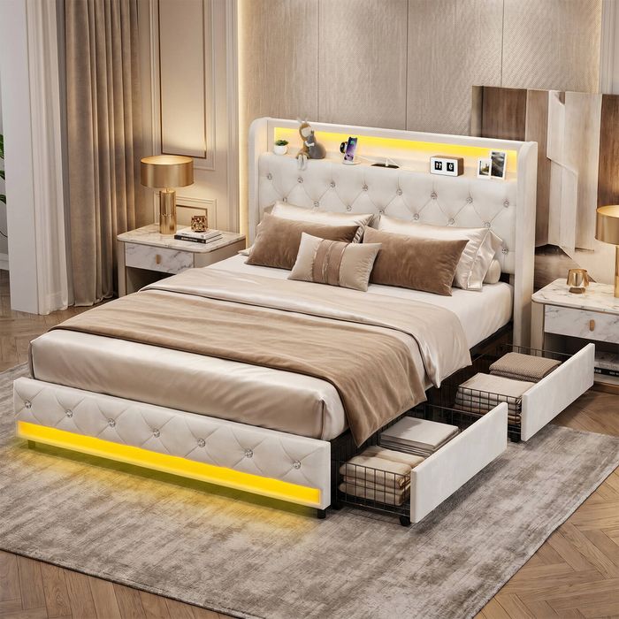 Ufurniture Upholstered Bed Frame Luxury Crystal Button Tufted Headboard with LED Lights and Storage Drawer Double Bed Beige
