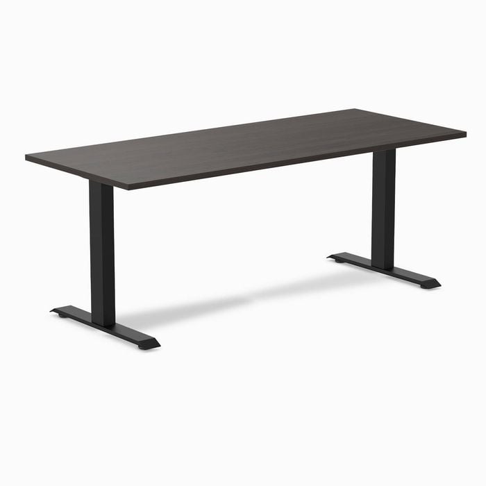 Desky Fixed Height Burnished Wood Melamine Desk 180x75cm Matte Black Leg