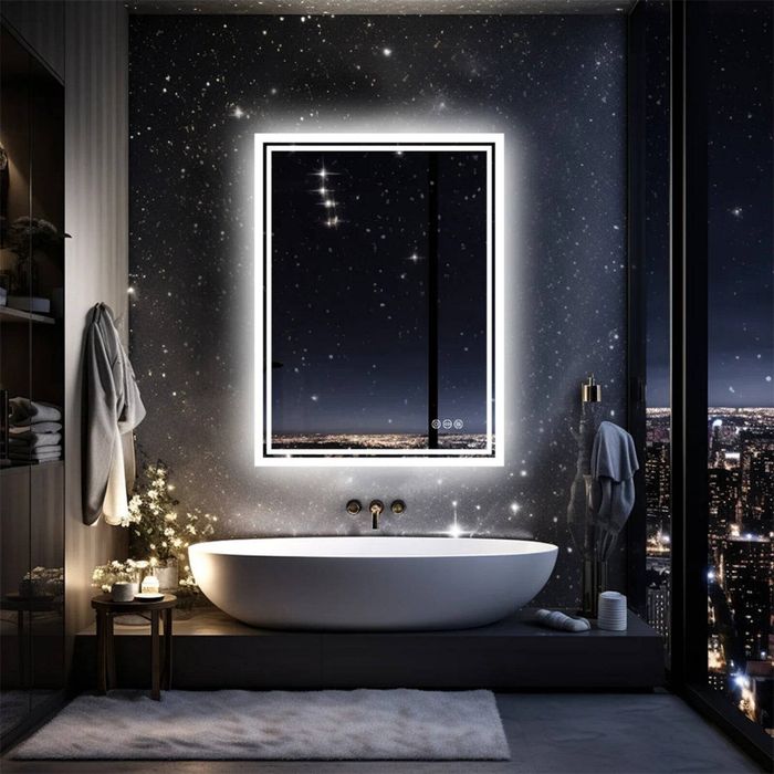 OAKORY 50x70cm Rectangular LED Bathroom Mirror Backlit Dimmable 3-Colour Light Anti-Fog Touch Control