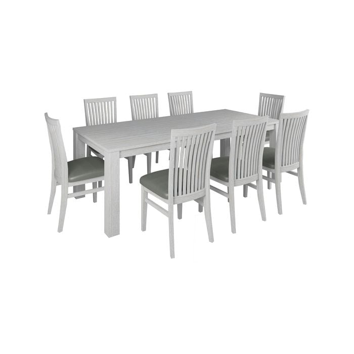Foxglove 9pc Dining Set 225cm Table 8 PU Seat Chair Solid Mt Ash Wood - White