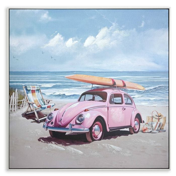 P&P Beach View with Pink Car Hand Painting Picture - Vibrant Wall Art with White PS Frame 82x82cm