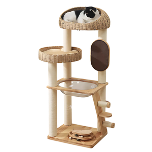 130cm Solid Oak Wood Cat Tree with Handwoven Rattan Canopy