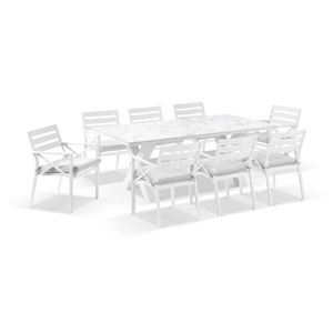 Kansas Outdoor Ceramic 2M Aluminium Dining Table With 8 Chairs Setting - with Textured Olefin Grey cushions