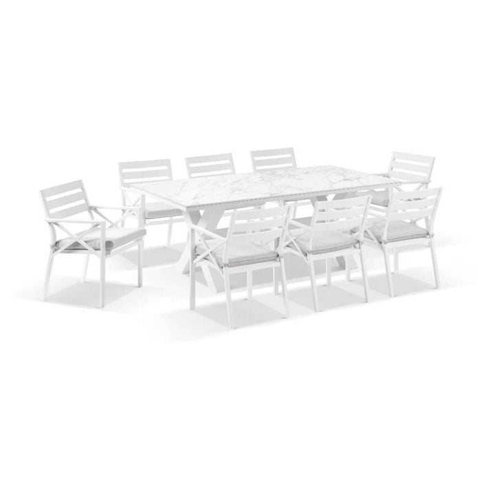 Kansas Outdoor Ceramic 2M Aluminium Dining Table With 8 Chairs Setting - with Textured Olefin Grey cushions