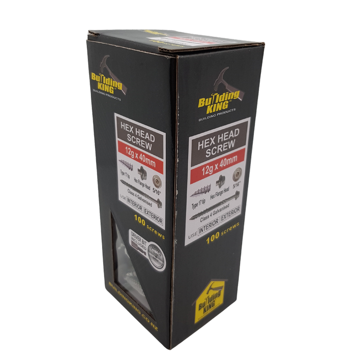 Building King 40mm x 12G Hex Head Screws - 100 Pack