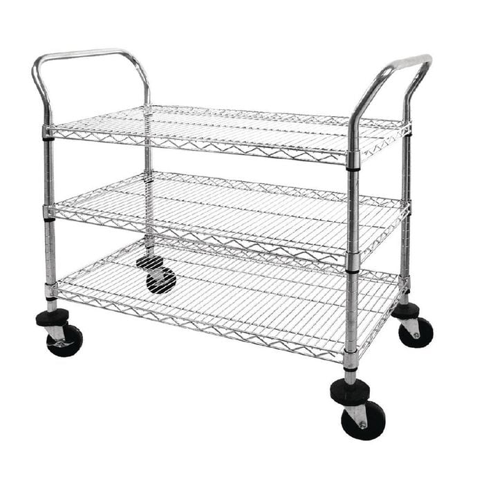 Vogue Chrome 3 Tier Wire Trolley 960x457x910mm Commercial Kitchen Storage Shelving Units Transport Cart
